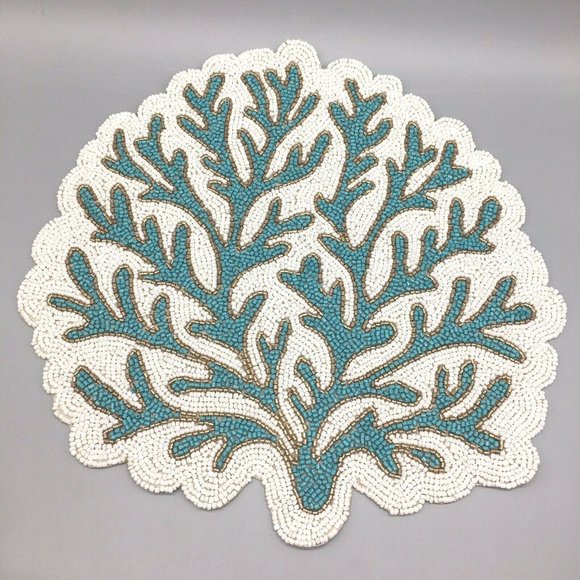 x4 Coastal Collection Beaded Ocean Blue Coral Reef Placemat Set Beach Decor 15" - Picture 3 of 7